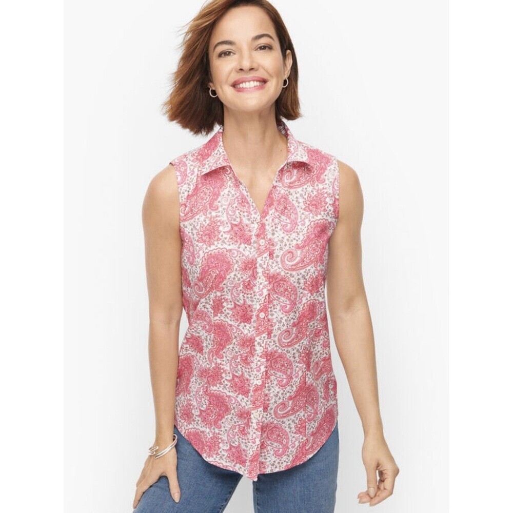 Talbots Non-Iron Cotton Blend Pink Paisley Sleeveless Button-Up Top Size 8
